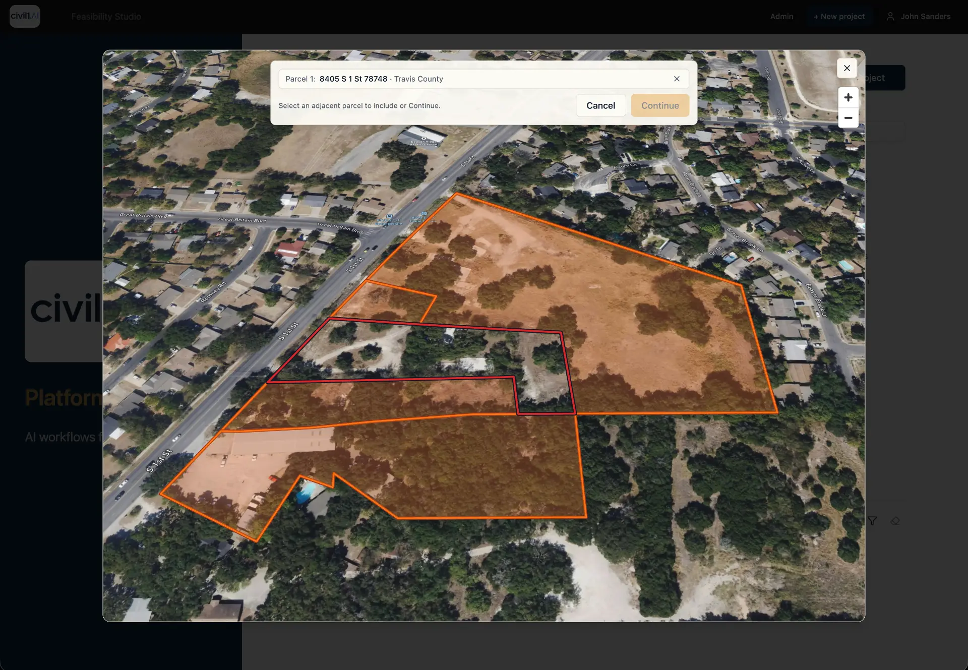Civil1 product screen: Adjacent parcel selection