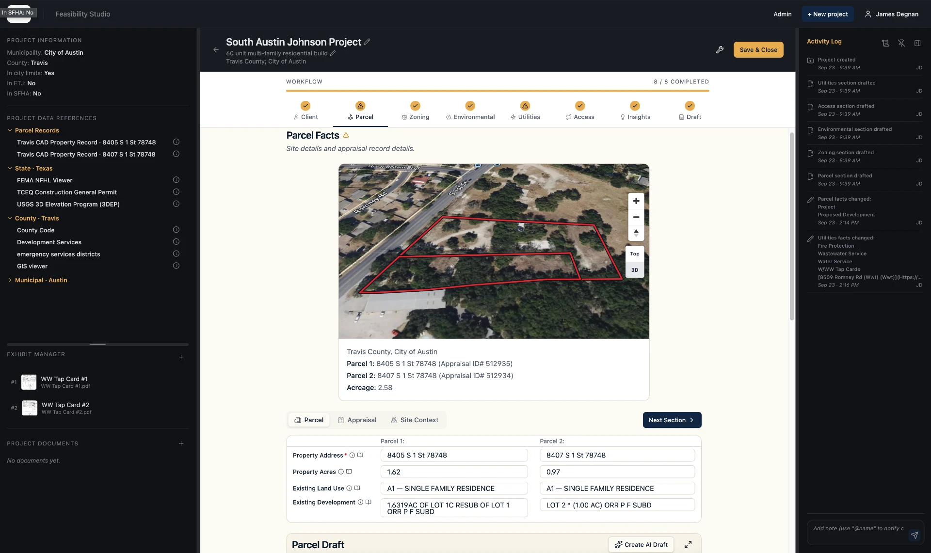 Civil1.ai Feasibility Studio showing parcel facts, source records, exhibits, and an activity log for a multi-parcel site study