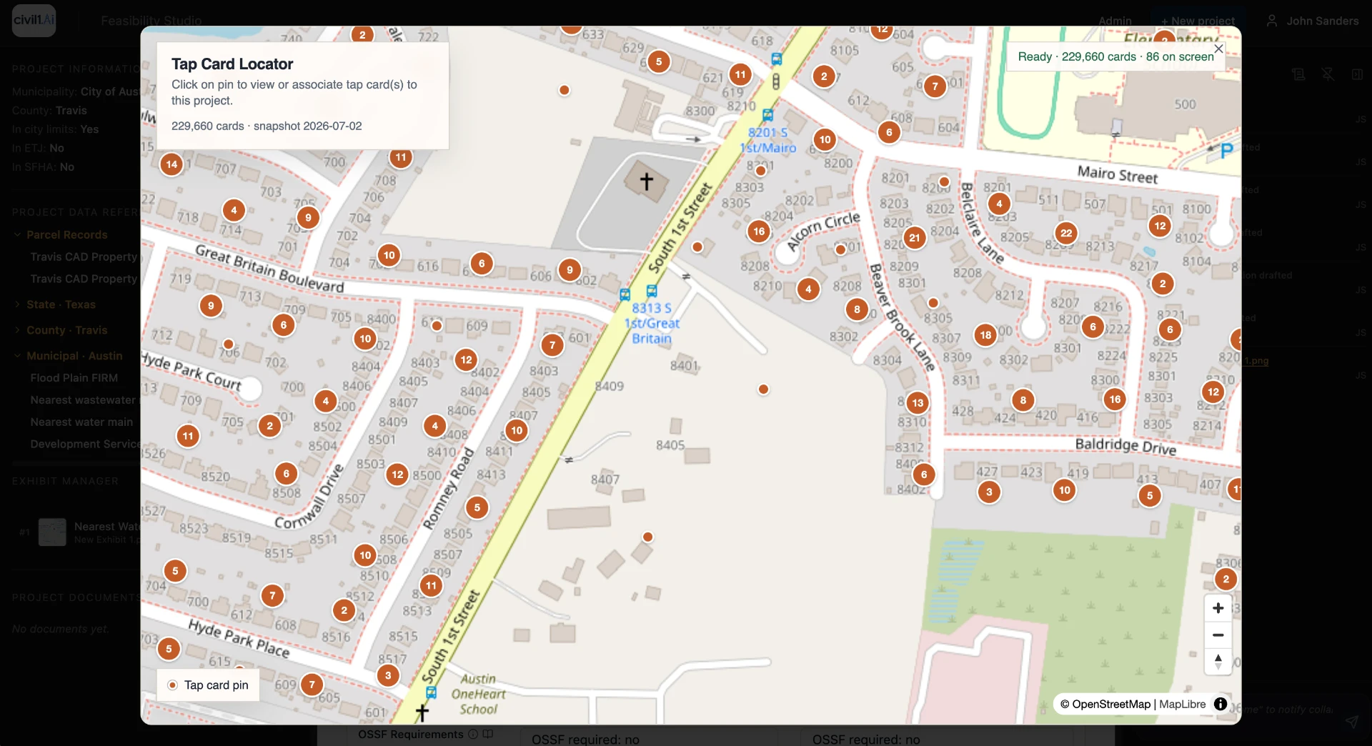 Civil1 product screen: Tap card locator