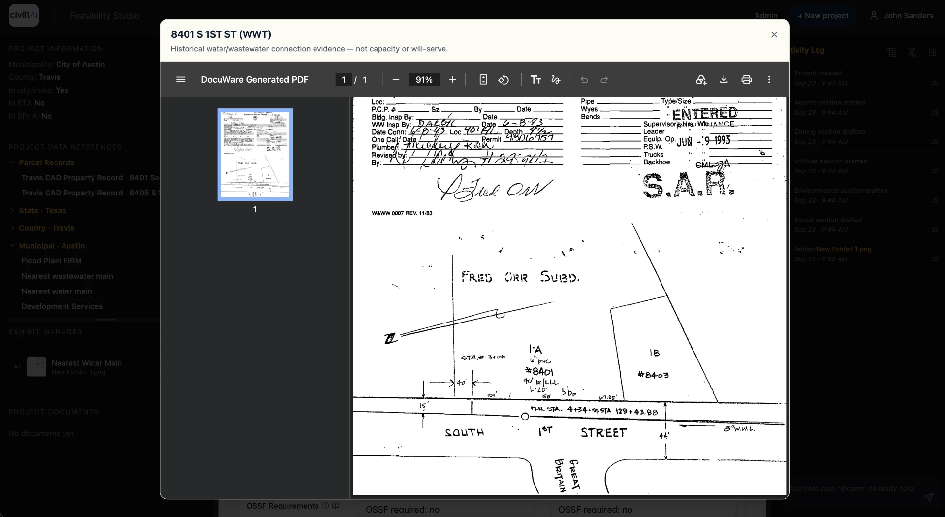Civil1 product screen: Historical utility record